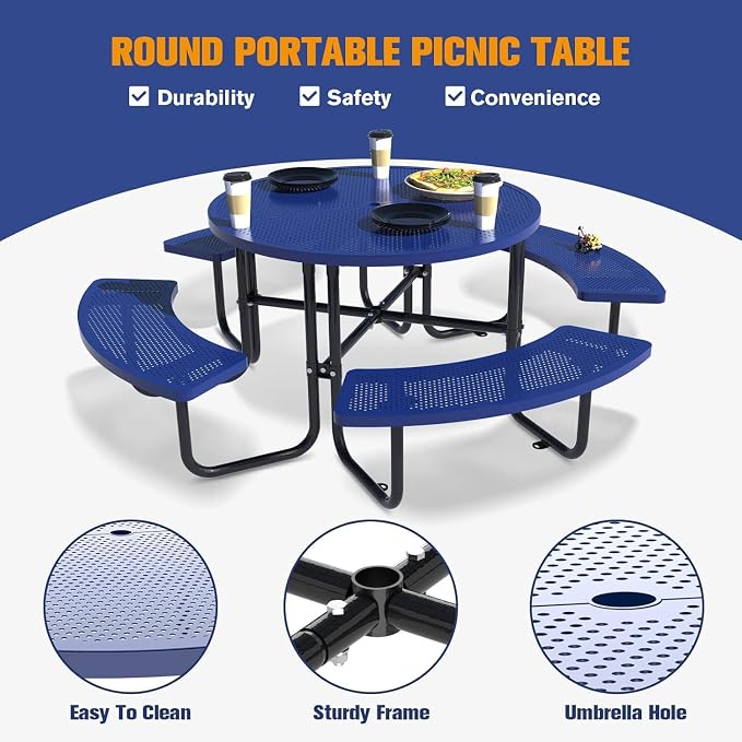46'' Round Outdoor Metal Picnic Table Expanded,Lifetime Steel Picnic Table with Umbrella Hole,Heavy Duty Sturdy Commercial for Patio, Backyard, Garden (Includes 4 Built-in Benches) Blue