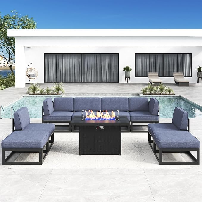 LayinSun Large Aluminum Patio Furniture Set with Fire Pit Table, 9 Pieces Modern Outdoor Conversation Set Sectional Metal Sofa Set with Olefin Cushion