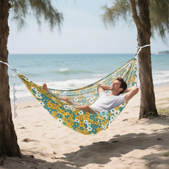 Camping Hammock Outdoor Hammocks for Outside White Green Yellow Flower Beach Trees Portable Lightweight with Pockets Tree Straps Indoor