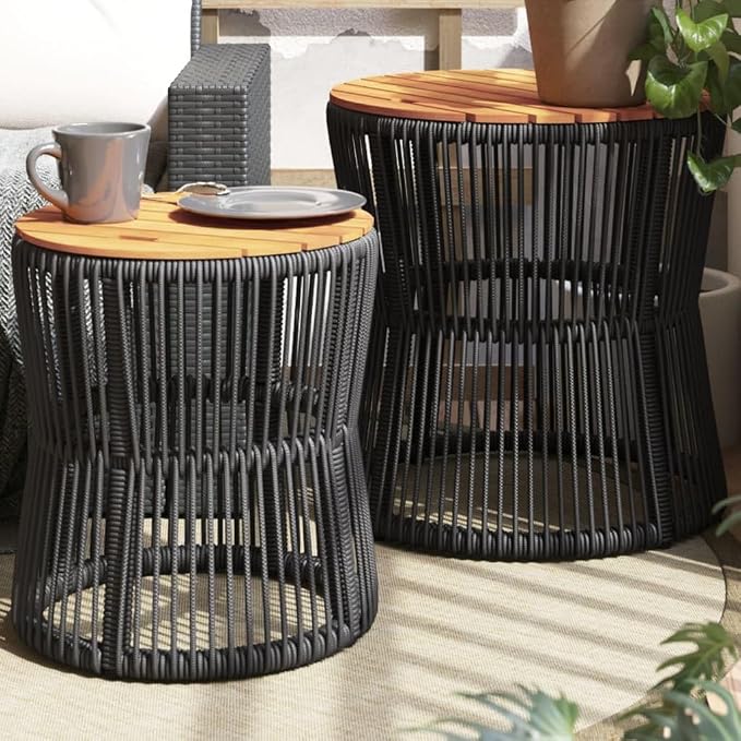 vidaXL Patio Side Tables Set - 2 Pcs, Wooden Top, Black Poly Rattan, Nesting Design, Outdoor Garden Furniture, Elegant & Space-Saving, Acacia Wood Tabletops, Ideal for Backyard or Patio, 19.7" & 15"