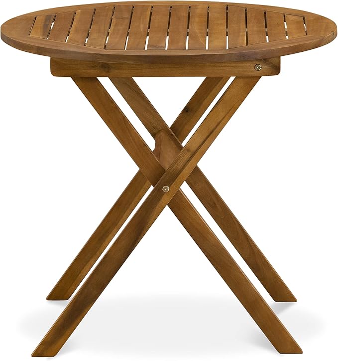 East West Furniture MNCM3CANA 3 Piece Folding Patio Bistro Sets Outdoor Set Contains a Round Acacia Wood Coffee Table and 2 Folding Arm Chairs, 30x30 Inch, Natural Oil