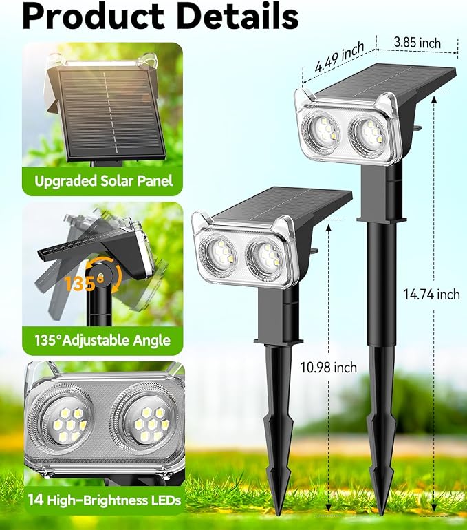 LETMY Solar Lights Outdoor Waterproof IP65, 4 Pack Solar Spot Lights Outdoor with 14 Big LEDs, 2-in-1 Wall Lights & 7 Modes Solar Landscape Spotlights for Pathway Yard Patio Decor Garden Gifts (RGB)