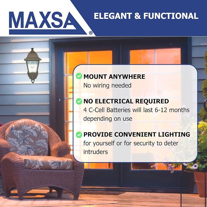 MAXSA 46219 Battery-Run Motion-Activate Outdoor Metal Wall Sconce Bronze | Metal and Glass Battery-Powered, No Wiring Needed, 13x8.5x6" Automatic Operation, Easy Installation Bronze Cool White LEDs