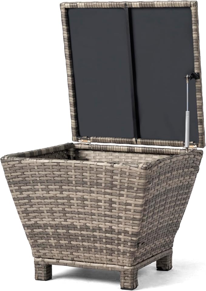 Outdoor PE Wicker Side Table with Storage, 13 Gallon Patio Storage Bin Container with Air Spring Lid, All-Weather Handwoven Rattan Coffee Table for Deck, Poolside & Garden, Grey (Gray)