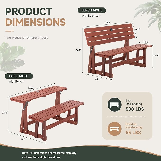 2-in-1 Convertible Bench Picnic Table - Outdoor Folding Dining Set w/Backrest & Umbrella Hole. Solid Wood, Waterproof & UV-Resistant - Ideal for Backyard, Patio, Garden & Parkway