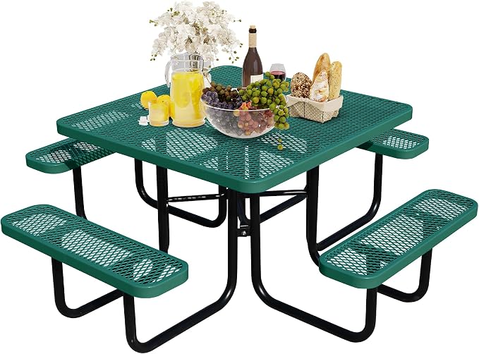 46Inch Square Picnic Table for 8 Person, Outdoor Heavy Duty Sturdy Picnic Tables with 4 Benches & Umbrella Hole, Commercial Metal Patio Picnic Table for Garden, BBQ, Coffee Store, Party, Porch (Green)
