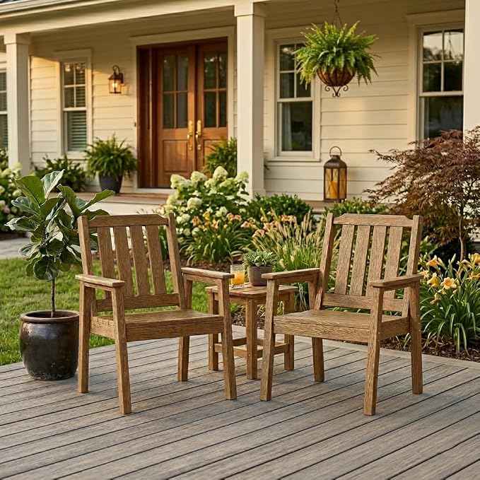 IDEALHOUSE Outdoor Patio Dining Chairs Set of 2, Heavy Duty HDPE Garden Seating with Sturdy Weather-Resistant Frame, Comfortable Wide Seat and Back, Waterproof for Backyard or Poolside, Brown