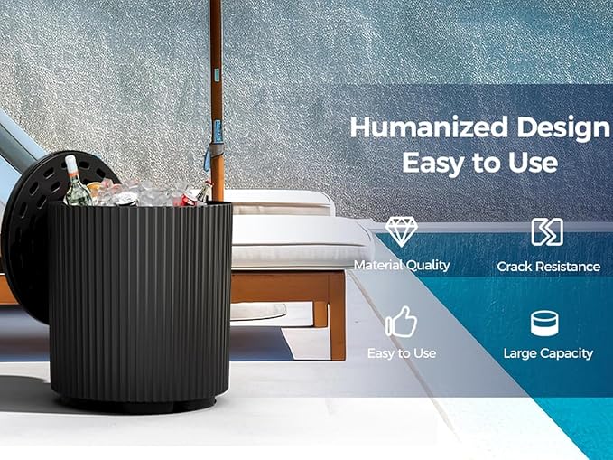 Outdoor Cooler Side Table, Patio Portable Ice Bucket Cooler