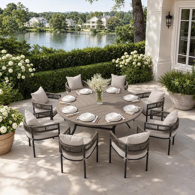VICLLAX Patio Dining Set, 63.1" Grey Table & 6 Chairs with Wheat Cushion | Outdoor Table and Chairs Set of Round Metal Patio Table, Outdoor Dining Chairs with Metal Frame, Garden Deck Porch