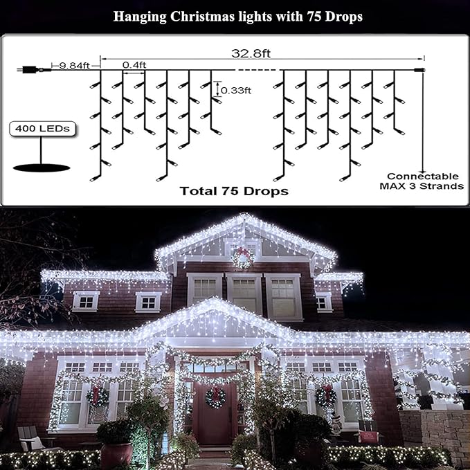 Led Christmas Lights Outdoor Christmas Decorations Hanging Light 400LED 8 Modes 75 Drops, Waterproof Outdoor Indoor Fairy Christmas Lights for Party, Holiday, Wedding, Eaves Decorations (CoolWhite)