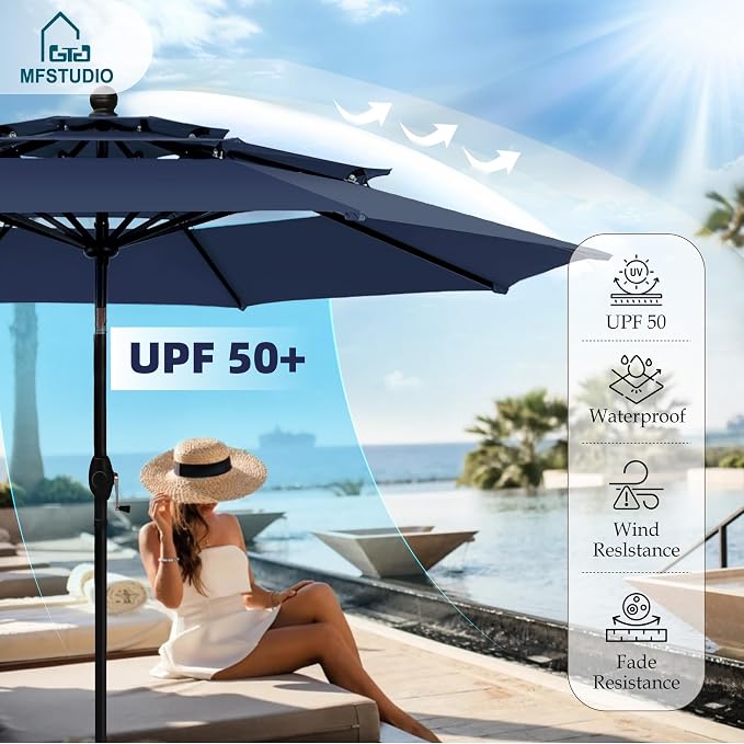 MFSTUDIO Outdoor Dining Set with Umbrella, Metal Patio Dining Set for 4 Persons, 6 Piece Patio Furniture Set with Navy Blue Umbrella (Base not Included)