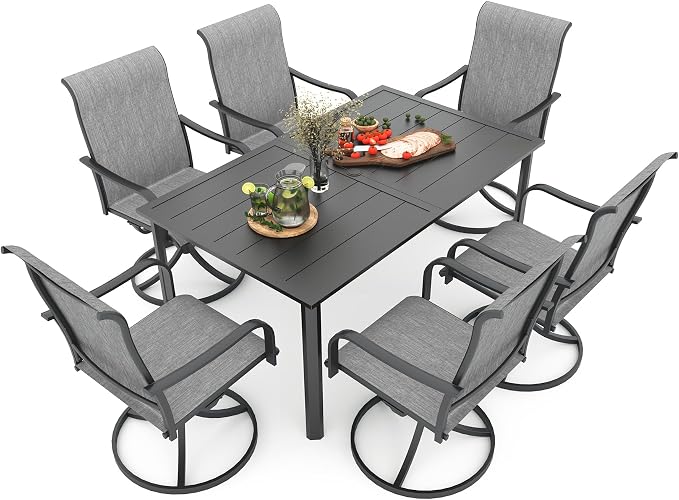 Patio 29" Heigh Rectangle Table Gray Swivel Chair Outdoor Dining Set 7 Sty2 | 63"x38" Metal Table, 29" Heigh Table Top,All Weather; 6 Piece Swivel Chairs: High Back,Retro Armrest,Textilene Fabric,Rocking