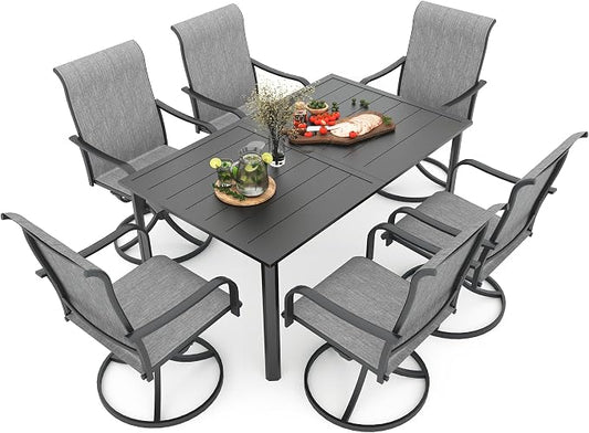 Patio 29" Heigh Rectangle Table Gray Swivel Chair Outdoor Dining Set 7 Sty2 | 63"x38" Metal Table, 29" Heigh Table Top,All Weather; 6 Piece Swivel Chairs: High Back,Retro Armrest,Textilene Fabric,Rocking