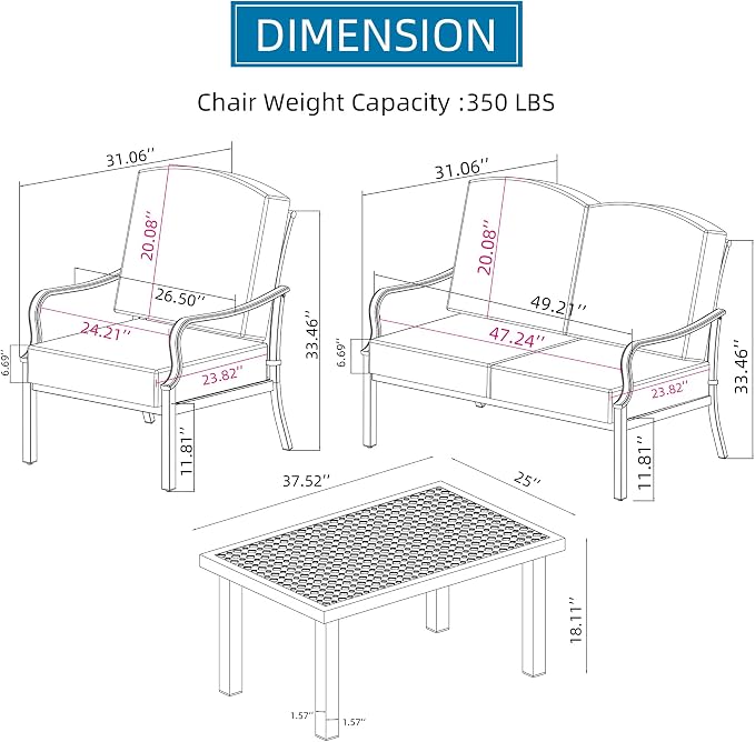 Domi Patio Conversation Set 4 Pieces, Metal Outdoor Patio Furniture with Coffee Table, All-Weather Modern Deep Seating Sofa Set with Cushions (Spring Coil Seat Cushion) -Beige
