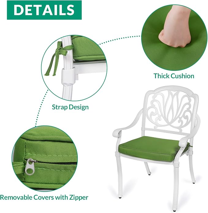 VIVIJASON 5-Piece Patio Furniture Dining Set, All-Weather White Cast Aluminum Outdoor Conversation Set, Include 4 Cushioned Chairs and a 35.4" Square Table w/Umbrella Hole for Balcony Lawn Garden