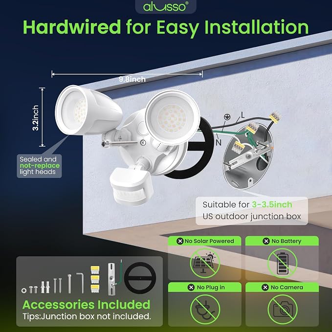 ALUSSO Motion Sensor Outdoor Lights Metal Heads, 30W 3600LM Flood Lights Outdoor 120V, 3 Modes Dusk to Dawn/Auto/On Time, 3000K 4000K 6500K Adjustable, Hardwired Security Light ETL Listed, White 1PC