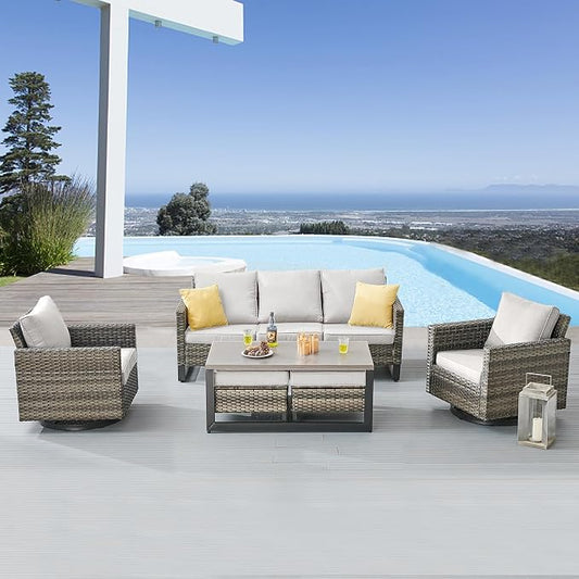 Belord 6 Piece Outdoor Furniture Patio Wicker Sofa Set, Oversize Outdoor Swivel Rocker Chairs with Rattan Ottomans, Conversation Sets Patio Furniture Come with Removable Washable Cushion