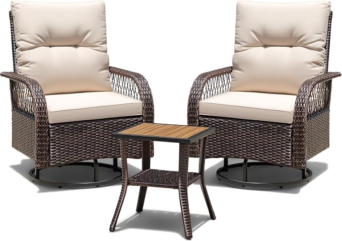 3 Pieces Patio Conversation Set Brown Outdoor Wicker Swivel Rocking Chairs Set Patio Furniture Set with Coffee Table for Porch Balcony Deck Garden