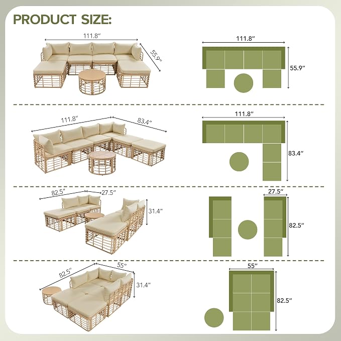 JIVOIT 7 Pieces Outdoor Patio Furniture Set, All-Weather Rattan Sectional Sofa Set with Thick Cushions and Pillows, Round Coffee Table, Freely Combined Conversation Sets for Garden, Backyard