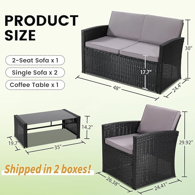 4 Pieces Outdoor Patio Furniture Set with Rattan Sectional Sofa, Cushioned Wicker Conversation Set in Black Frame and Light Grey Cushions for Garden Porch Backyard Relaxing Seating