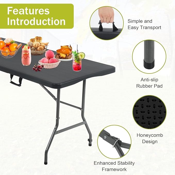 Portable Folding Table 6ft Heavy Duty Plastic Foldable Table with Carrying Handle Outdoor Indoor Plastic Dining Table for Camping and Party Picnic, Black