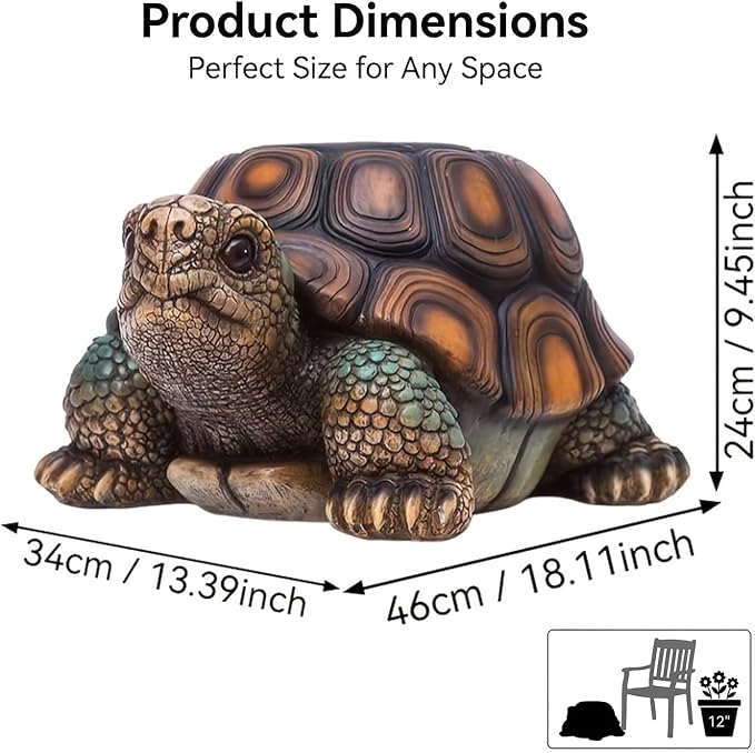 18" Large Turtle Garden Statue, Brown | Realistic Resin Tortoise Sculpture, Outdoor Patio, Lawn & Yard Decor, Patio Seat, Simulated Art Piece