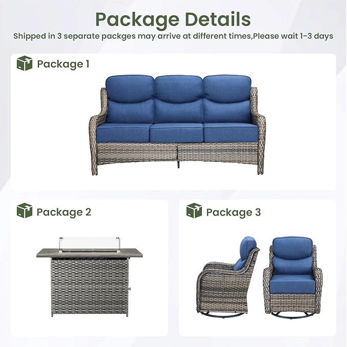 Luxury Patio Furniture Set with 6-inch Thick Cushion, Outdoor Furniture with Fire Pit Table, Swivel Chairs, Sofa, 4pcs Wicker Conversation Set for Deck Yard and Poolside(Grey Wicker/Blue Cushion)