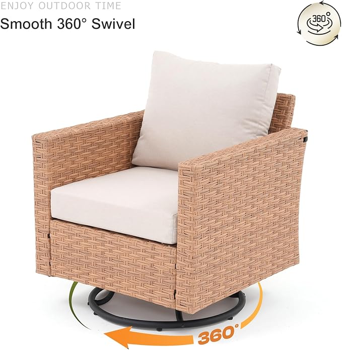 SUNSITT Patio Swivel Chair, Wicker Swivel Chairs Outdoor Seating Furniture with Thick Comfy Cushions, for Porch, Balcony, Deck, Natural Rattan Color