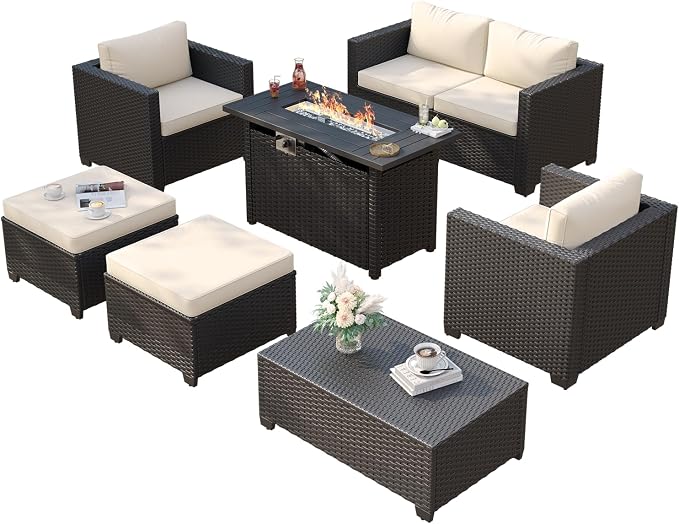 Aoxun Patio Furniture Set with Fire Pit Table, 6 Seats Piece Outdoor Furniture Set with Wicker Ottomans, Rattan Outdoor Sectional Sofa with Storage Table & Waterproof Cover Beige