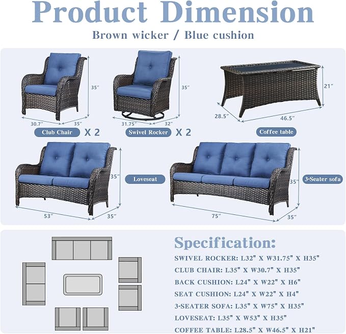 Belord Outdoor Furniture Wicker Conversation Sets - 7 Piece Patio Rattan Furniture Sets with Swivel Rocker Chairs Outdoor Sofa for Porch Deck Backyard Brown/Blue