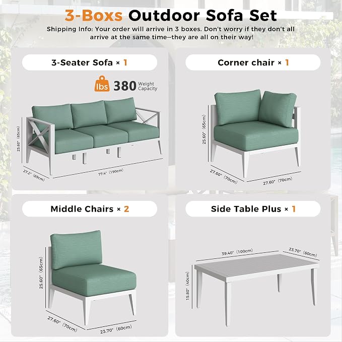 Aluminum Outdoor Patio Furniture Set with 5.2" Thick Cushions, 7-Piece Outdoor Sectional with Coffee Table, Patio Conversation Sets for Backyard,(White,6 Seats)