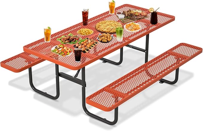 72'' Rectangular Steel Picnic Table for Outdoors,Commercial Metal Picnic Table with Umbrella Hole,Heavy Duty Sturdy Picnic Tables Furniture Set for Patio Garden Courtyard BBQ,Orange