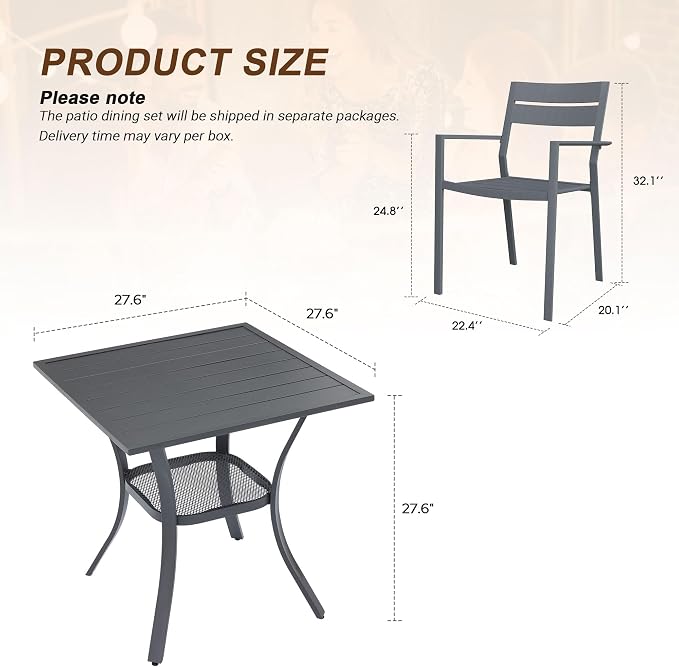 VICLLAX Patio 3 Pieces Outdoor Bistro Table Set, Wrought Iron Metal Furniture with 28" Square Table and 2 Stackable Chairs, Patio Dining Set for Patio, Lawn, Garden, Porch, Dark Grey/Grey