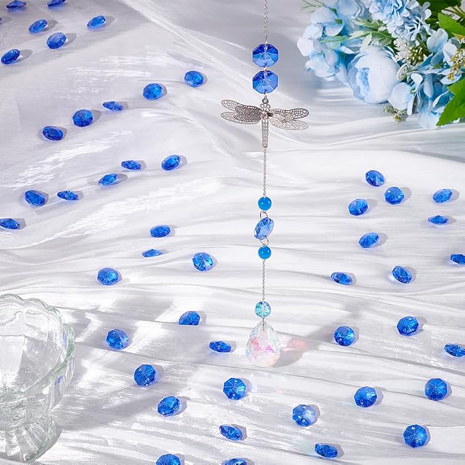 120Pcs Blue 14mm Octagonal Crystal Beads Prism Beads Bulk with 2 Holes Crystals Chandelier Replacement Parts Connector Sun Catcher Faceted Spacers for DIY Lamp Hanging Pendant Jewelry DIY