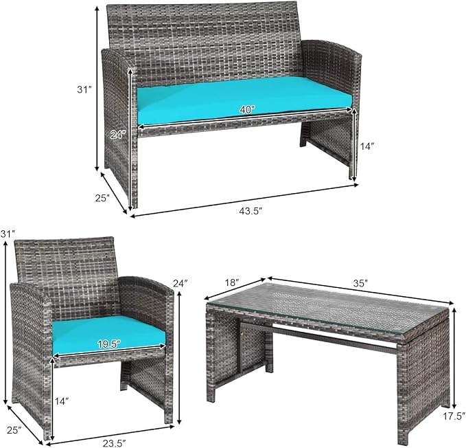 COSTZON HOMGX 4-Piece Patio Furniture Set, Outdoor PE Rattan Conversation Set w/Tempered Glass Table & Soft Cushions, Wicker Conversation for Sofa Porch, Poolside, Backyard (Turquoise)