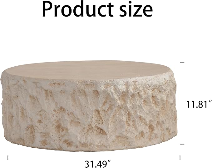 Round Coffee Table for Living Room Outdoor Faux Stone Coffee Table Amber Travertine Concrete Pattern, 31.49" Modern Faux Marble Center Tables Tea Tables, No Need Assemble, Beige