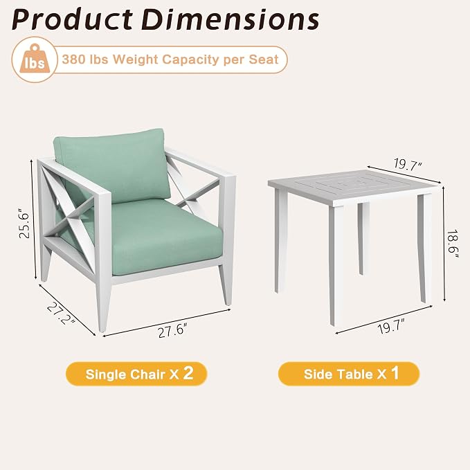 3-Piece Oversized Aluminum Patio Furniture Set, Outdoor Deep Seating Conversation Sofa Set with Coffee Table, 5.2" Cushions, All-Weather Rust-Proof Frame for Backyard, Deck, Balcony-White