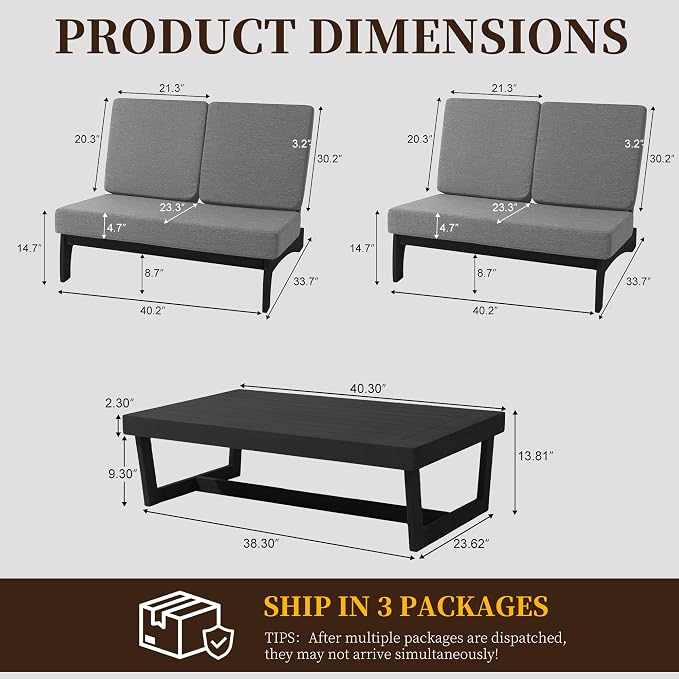 All Weather Patio Furniture Sets, 3 Pieces Black Wood Patio Loveseat Sofa Outdoor Sectional Futniture Backyard Conversation Set with Solid Wooden Coffee Table - Grey