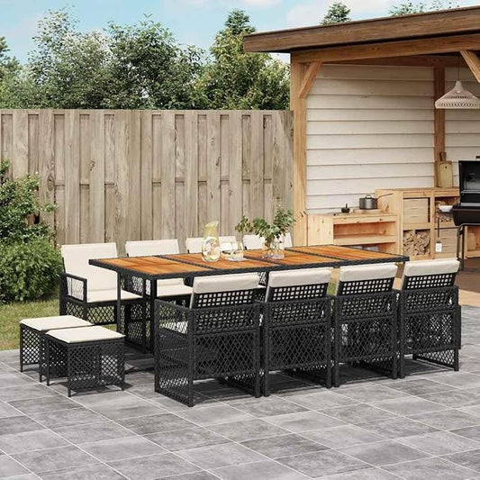 Black Garden Dining Set with 12 Seats PE Rattan Patio Furniture for Outdoor Dining Heavy Duty UV Resistant Table and Chairs Cushioned Seating for Backyard Deck Entertaining
