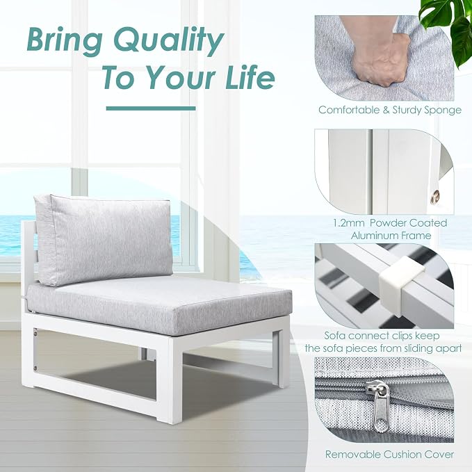 RADIATA 9 Pieces Aluminum Patio Furniture Set with Fire Pit Table, Morden Outdoor Sectional Sofa, Large Conversation Seat with Thick Cushion for Garden Backyard Deck Porch (White)