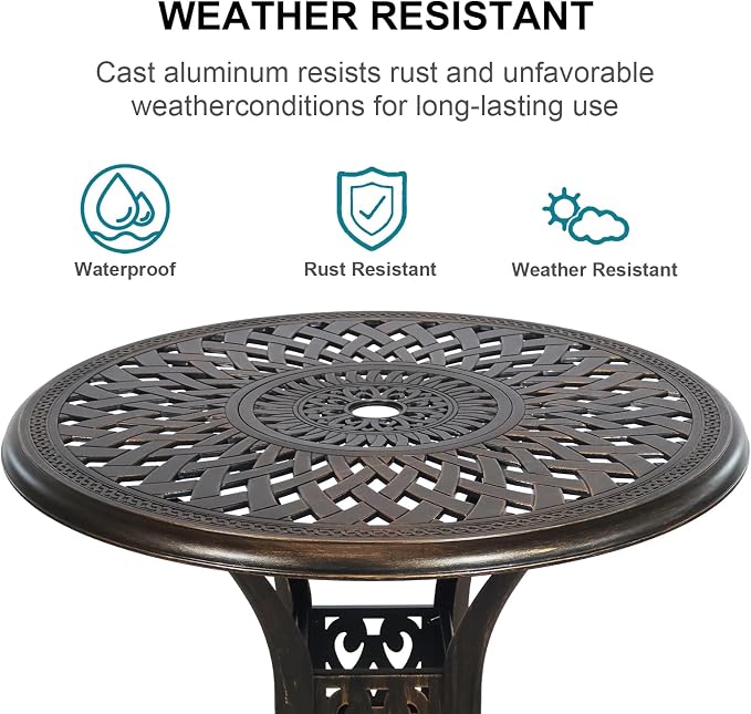 5 Piece Patio Dining Set, All Weather Cast Aluminum Outdoor Dining Table and Chairs Set of 4, Patio Furniture Conversation Set with 4 Chairs and 30.31" Round Table, 2.36" Umbrella Hole