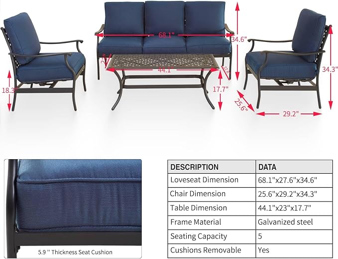 Patio Conversation Set 4Pcs Cushioned Outdoor Furniture Sets Patio Seating with All Weather Galvanized Steel Frame (Blue)
