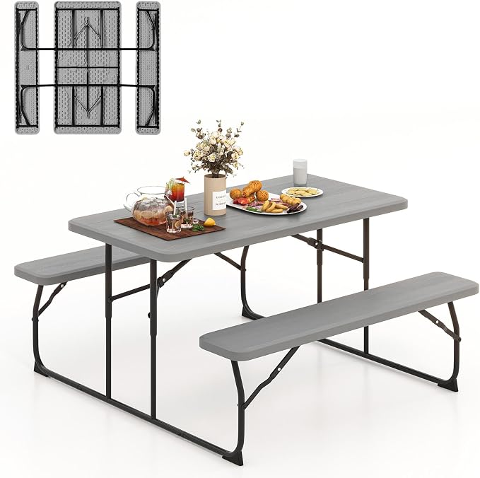 LDAILY Moccha Folding Picnic Table - Portable Picnic Table with Benches, HDPE Tabletop, Metal Frame, Foldable Camping Table, Outdoor Dining Table Set for Garden Party BBQ Patio Table Bench Set (Grey)
