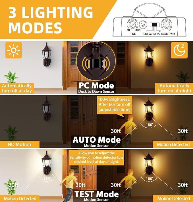 2 Pack Porch Lights with Outlet, Motion Sensor Outdoor Lights, Updated Dusk to Dawn Exterior Lighting Fixtures, Waterproof Anti-Rust Aluminum Outside Light for House Entryway Garage, Brown