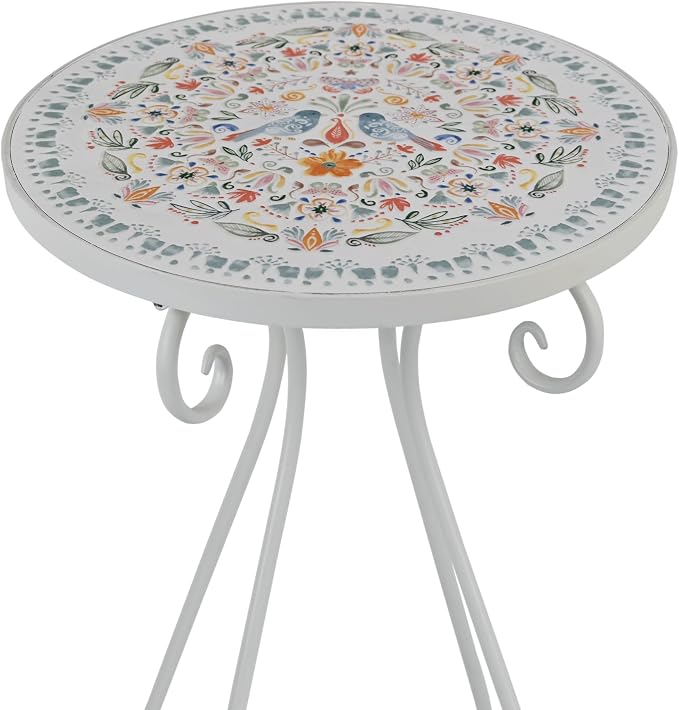 Vintage Outdoor Side Table Round Mosaic Ceramic Tile Top 14" Diameter Metal Plant Stand for Flower Pots Vase Garden Home Porch Pool Indoor Decor Weather Resistant Outside Patio Accent End Furniture