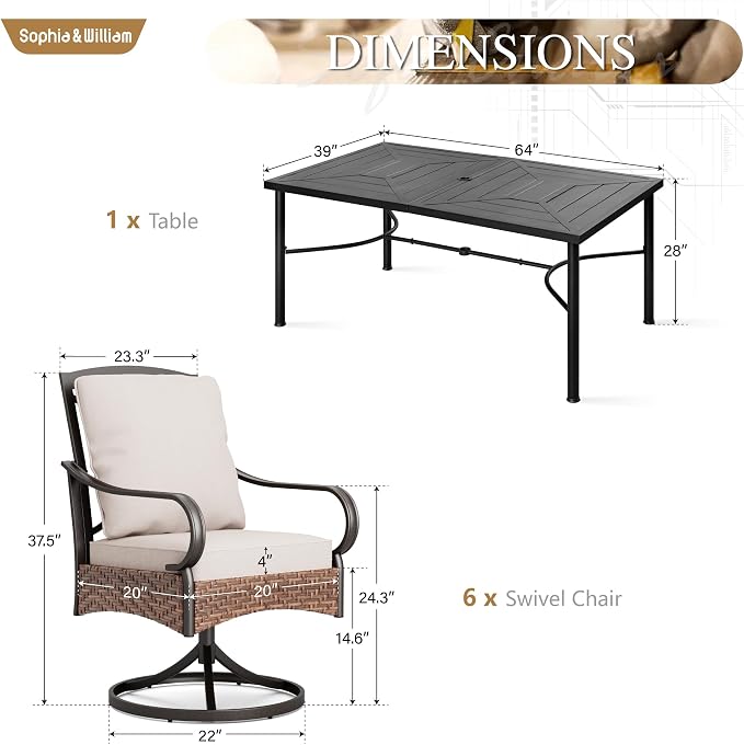 Sophia & William Patio Dining Set 7 Piece Outdoor Table Furniture Set - 6 Padded Outdoor Swivel Dining Chairs and 64" X 39" Rectangular Metal Table with Umbrella Hole for Garden Deck
