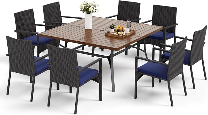 MFSTUDIO 9 Pieces Patio Dining Table Set, 8 Person Outdoor Square Table Set with Chairs, Large Dining Furniture Set, Patio 57.5" Square Metal Dining Table for 8, Backyard, Porch