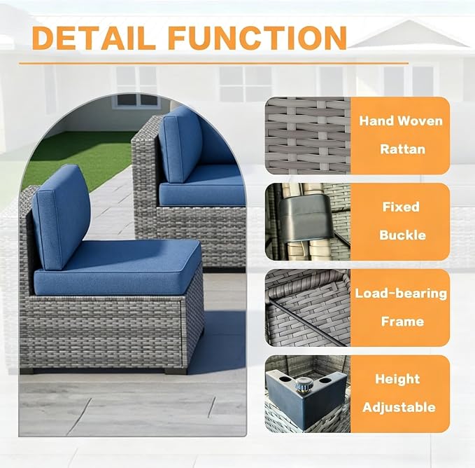 MOCHITO 5 Pcs Outdoor Patio Furniture Sets Grey Rattan Blue Cushions | All-Weather Sectional Sofa, with Glass Table, PE Rattan Wicker Patio Furniture , Washable Cushions, for Balcony Porch Garden