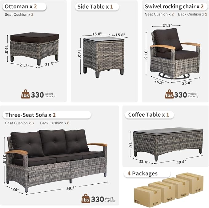 MEISSALIVVE 8 Pieces Patio Furniture Sets,Wicker Patio Conversation Sets with 2 Wood Armrests Swivel Glide Chairs, Outdoor Conversation Set for Deck Yard and Poolside (Black)