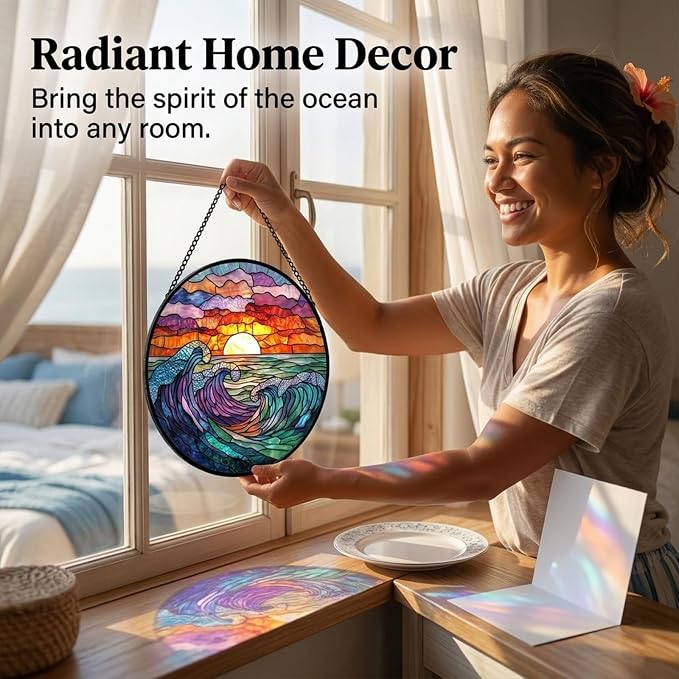 Beach Gifts for Mom - Sunrise Waves Faux Stained Glass Window Hanging Sun Catcher for Door Garden Acrylic Decor Mother's Day Birthday Stocking Stuffer Gift for Women Nana Friend Men Grandma 11.8"
